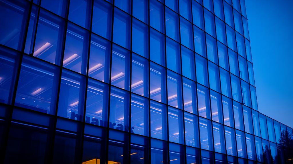Sede bancaria con fachada de cristal al atardecer