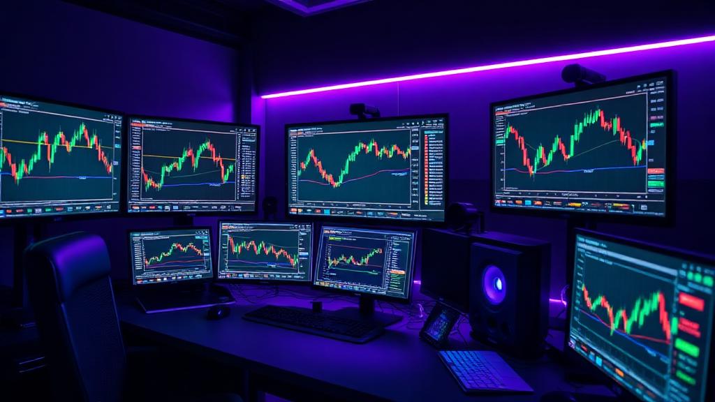 Escritorio de trading con varias pantallas y gráficos