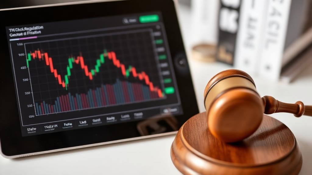 Tablet con gráfico bursátil junto a un mazo judicial